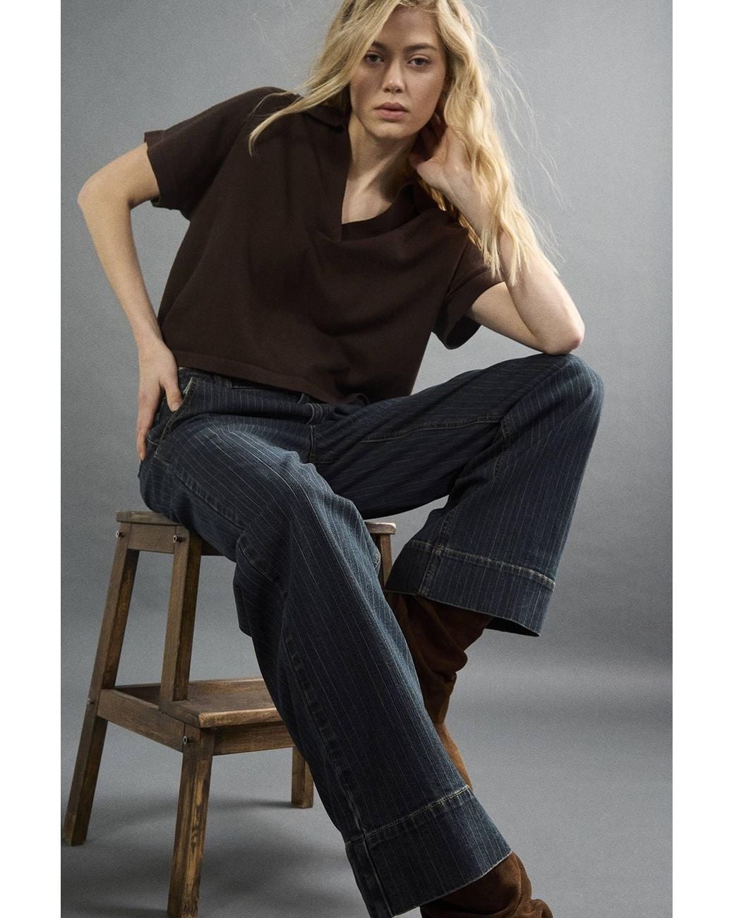 Apricot Gray Pinstripe Wide-Leg Denim Jeans