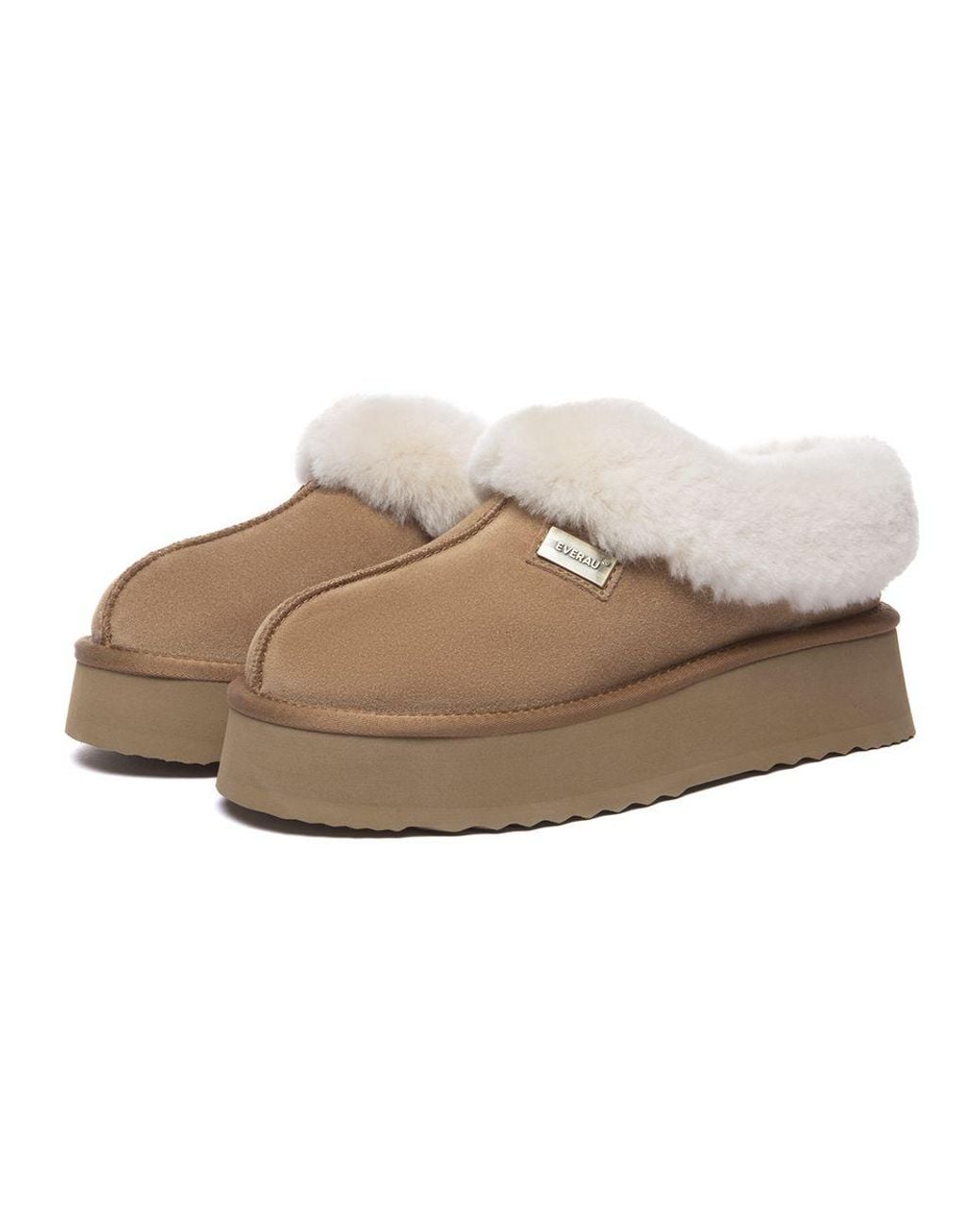 EverAu Australia Brown Real Sheepskin Topknot Leather Platform Slippers With Eva Sole