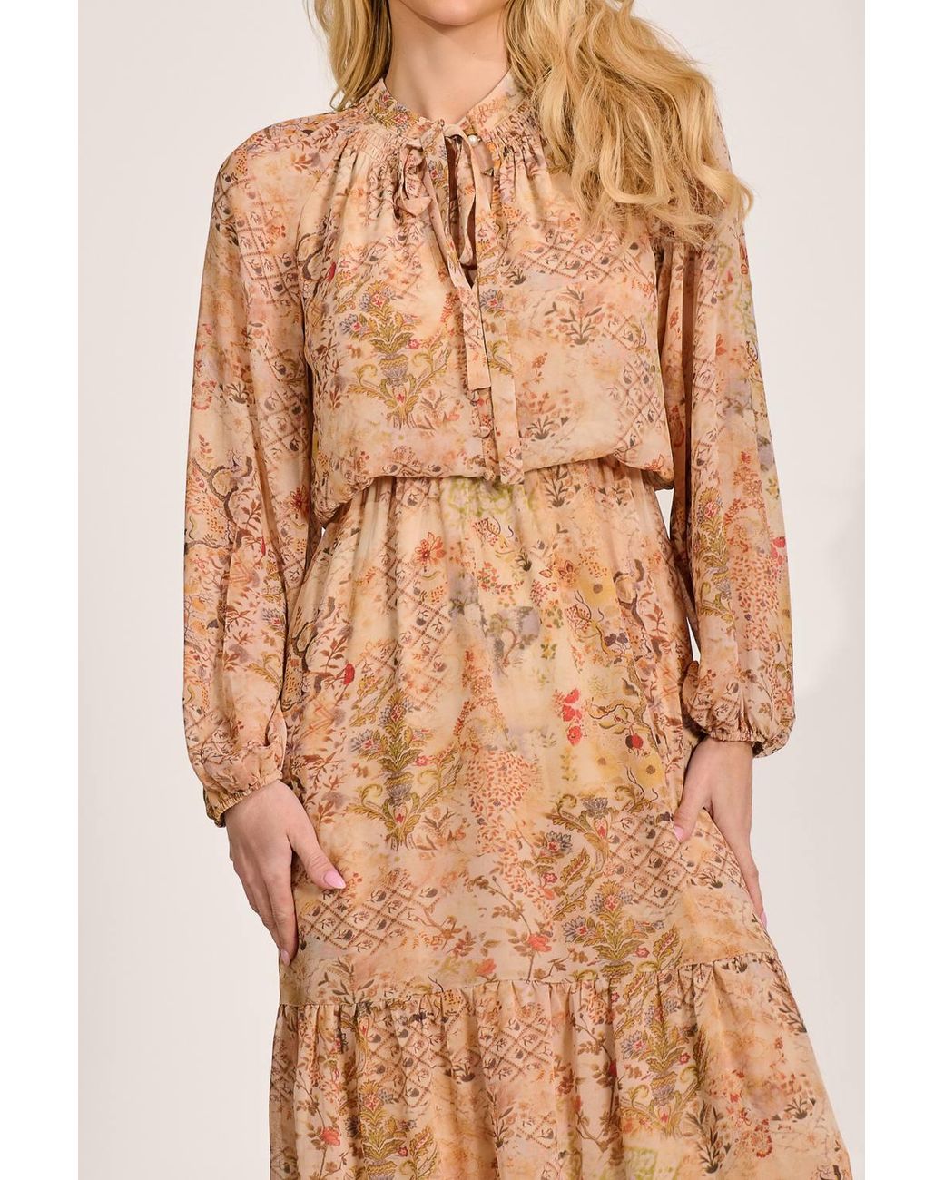 Jolie Moi Orange Chiffon Long Sleeve Tiered Maxi Dress