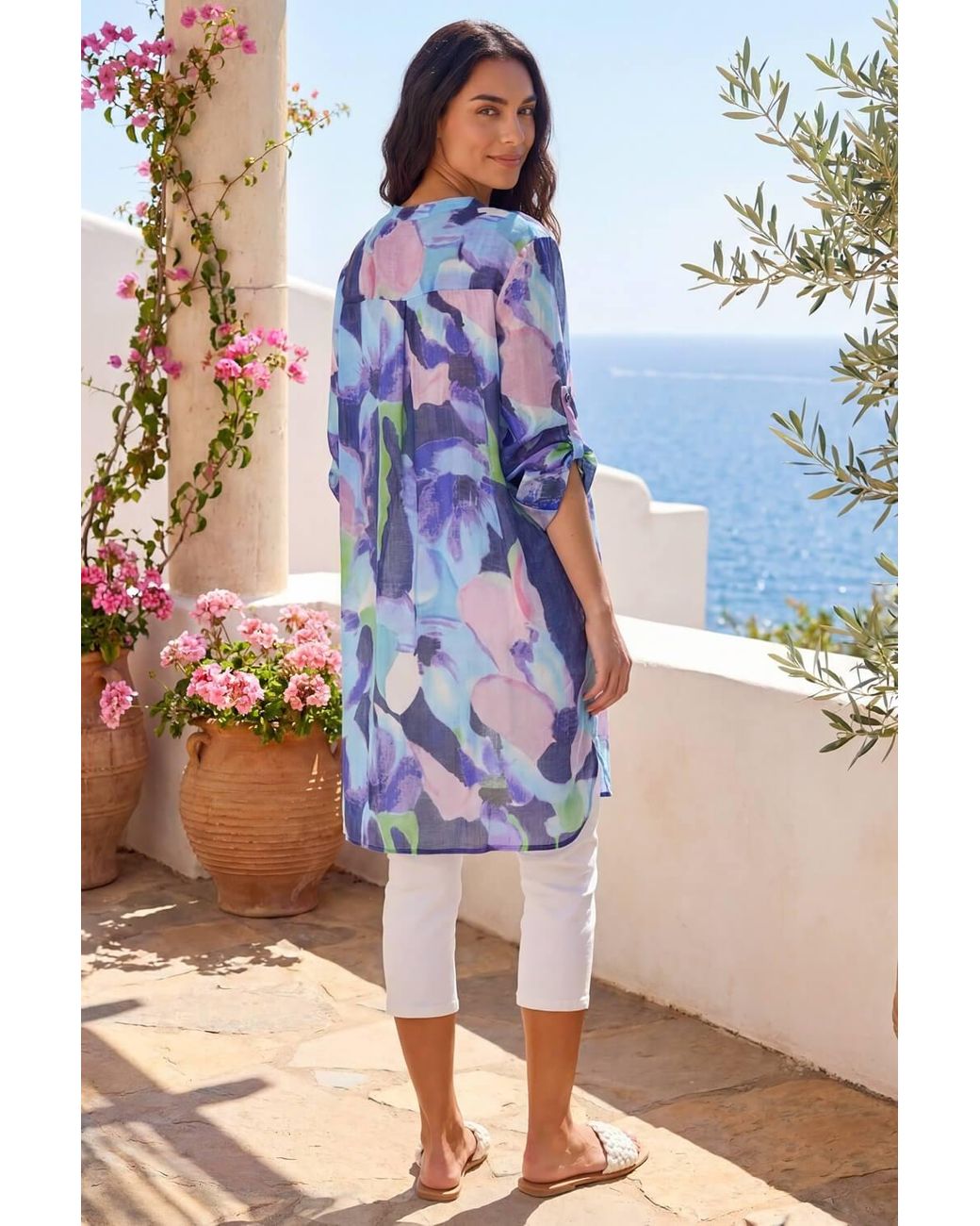 Roman Blue Abstract Print Button Up Longline Blouse