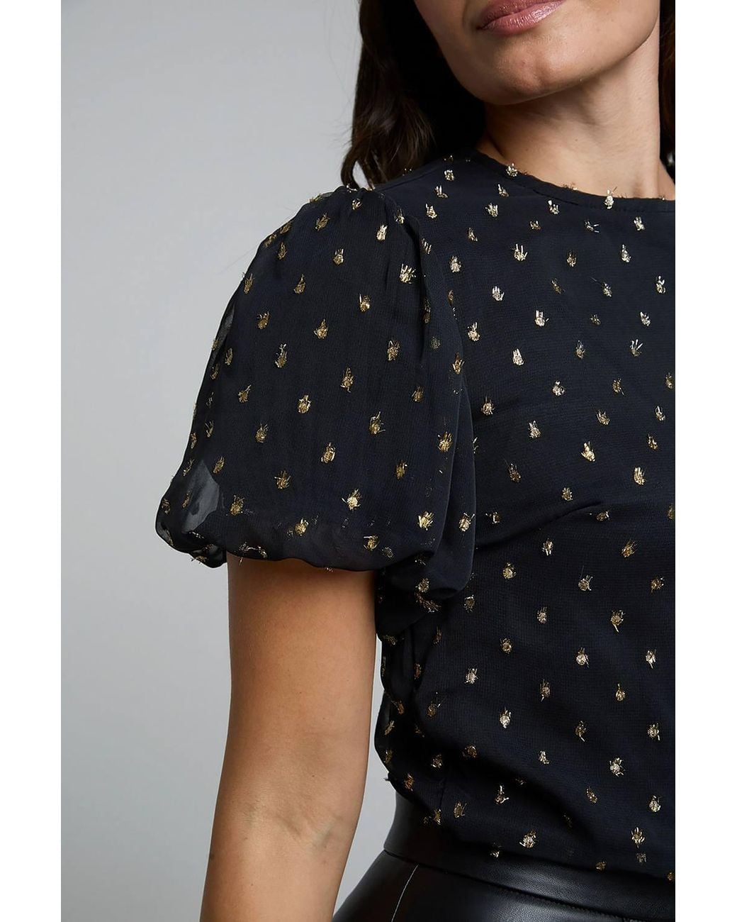 Influence Black Polka-Dot Short Puff Sleeve Round Neck Bodysuit