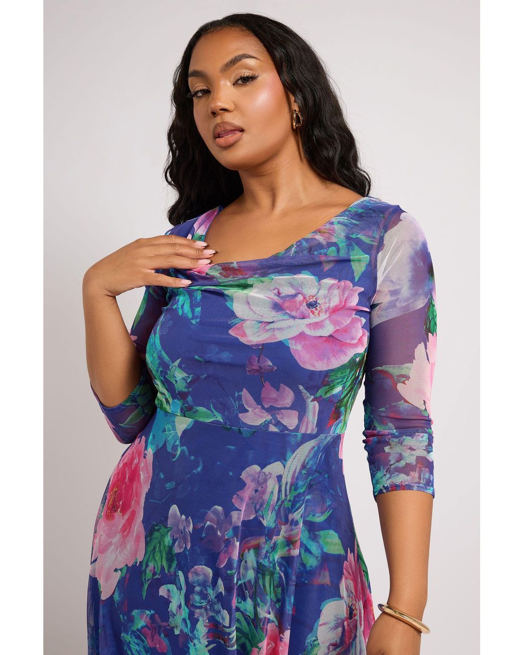 Yours Blue Floral Asymmetric Mesh Dress