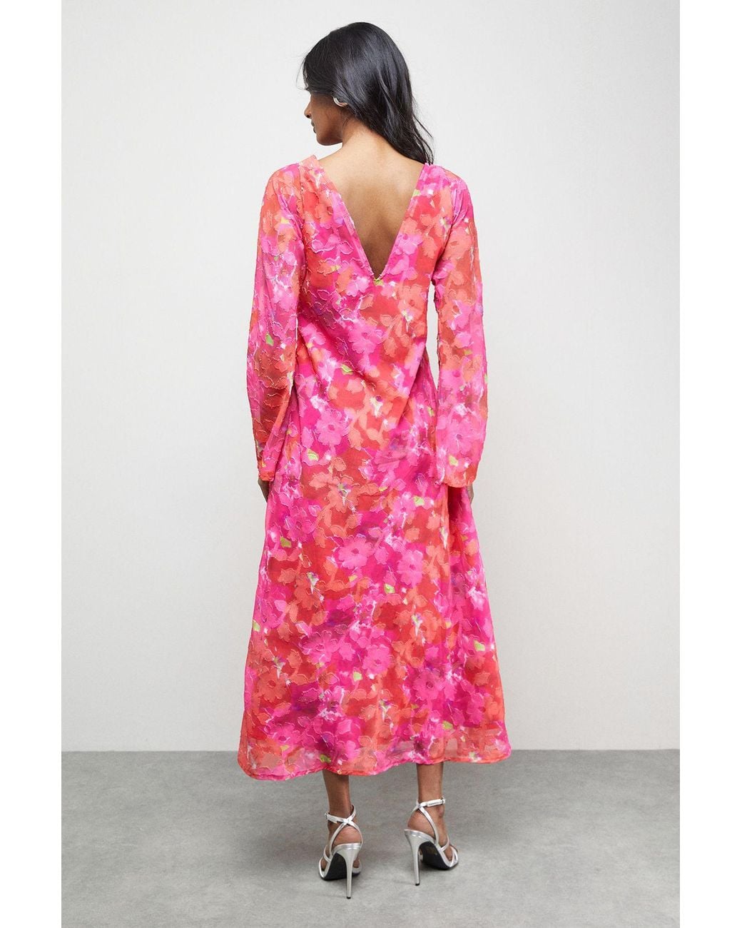 Warehouse Pink Burnout Floral Chiffon Slash Neck Bias Midi Dress