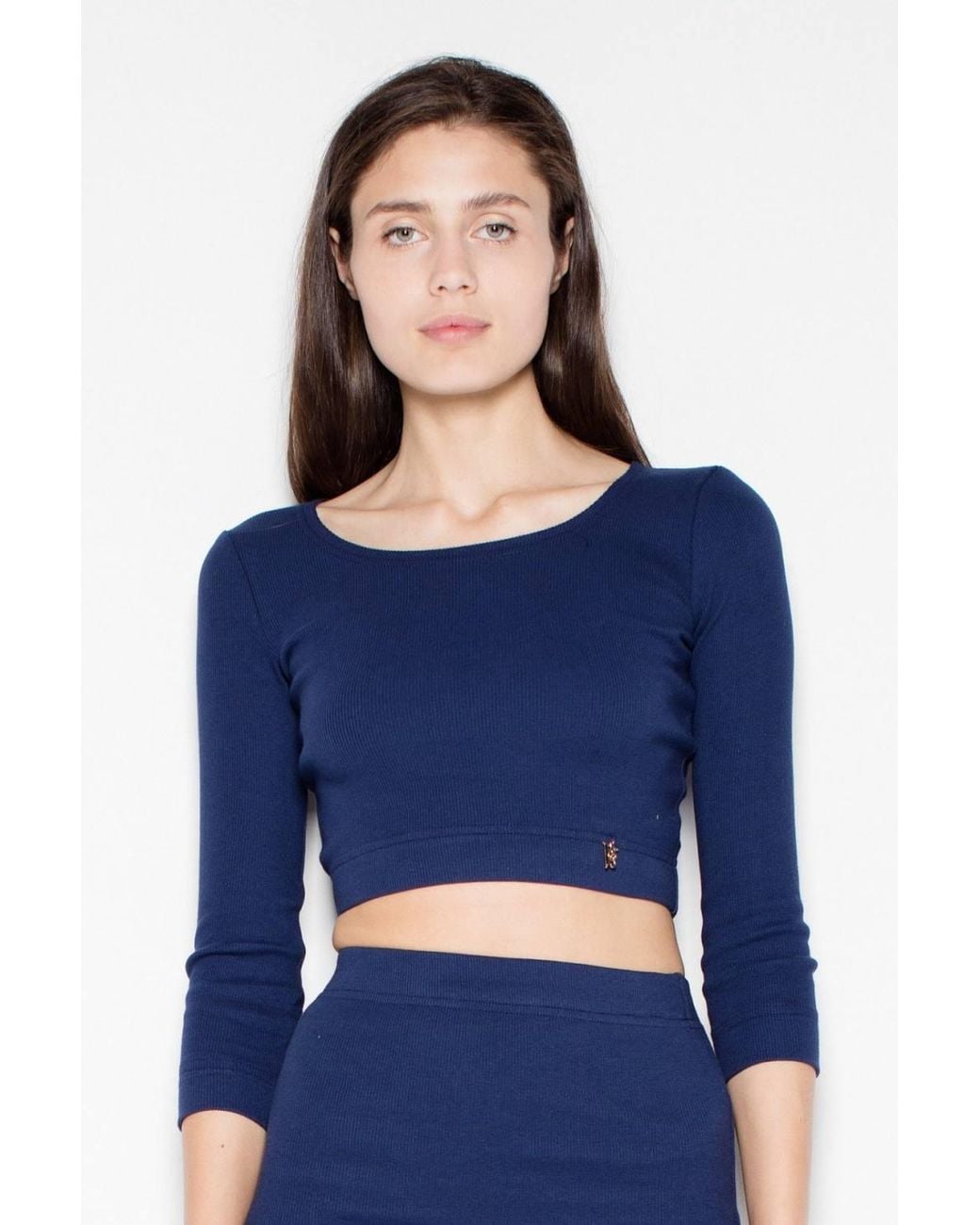 Love Lace Blue Cotton Long Sleeve Crop Top Pencil Skirt