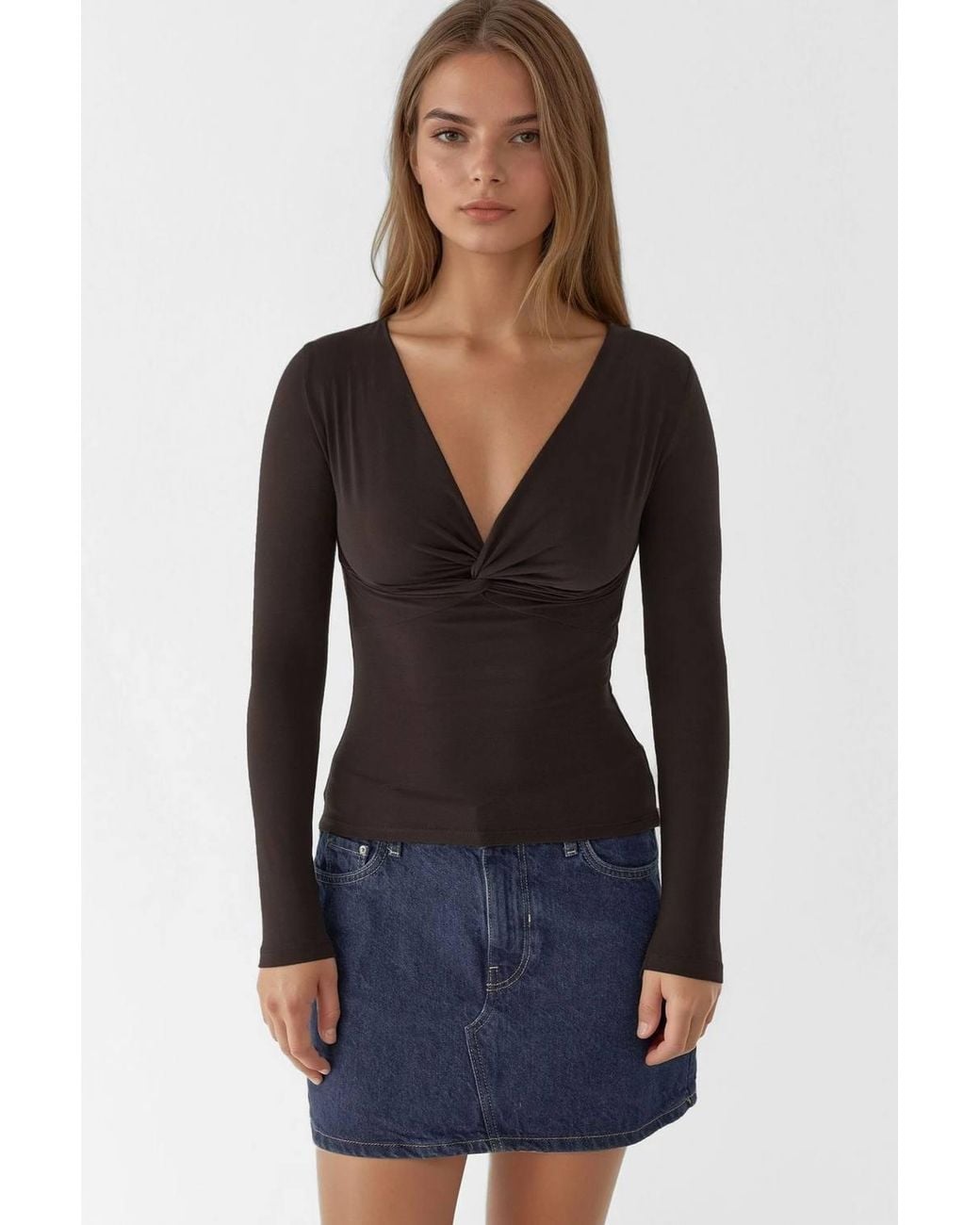 Hiccup Brown V-Neck Twist-Front Long Sleeve Top