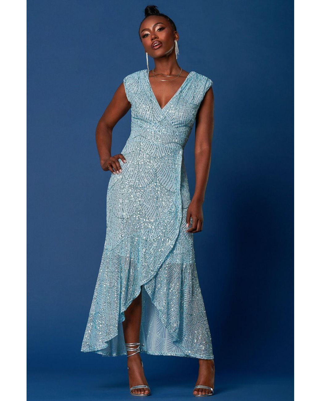 Jolie Moi Blue Sequin High Low Hem Maxi Dress
