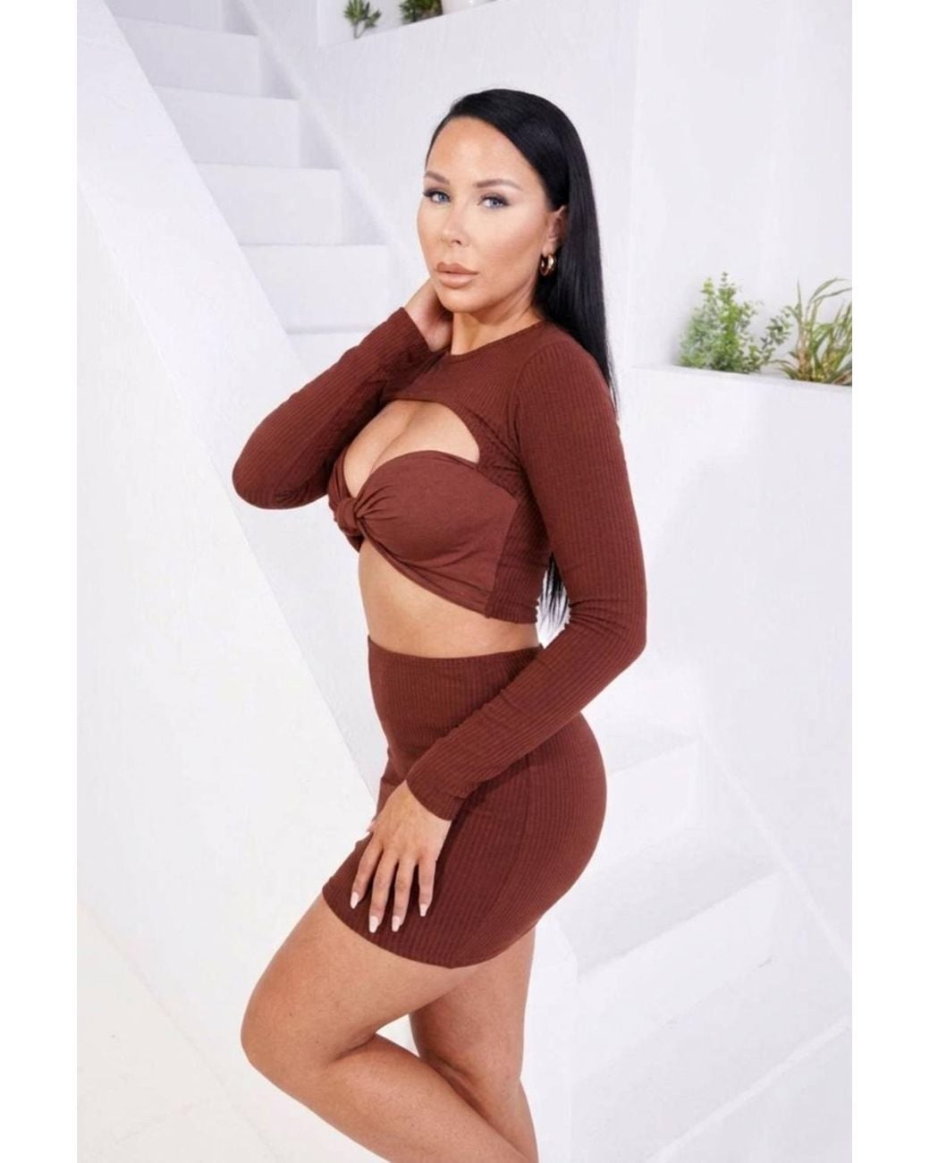 Femme Luxe Red Rib High Neck Long Sleeve Bodycon Mini Dress