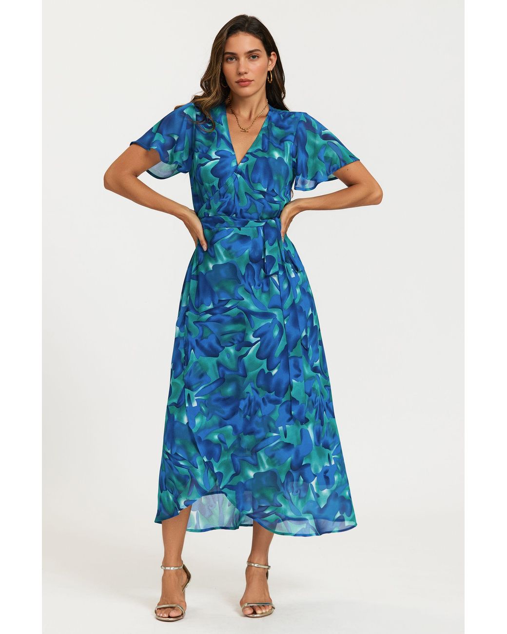 FS Collection Blue Abstract Floral Print Wrap Maxi Dress