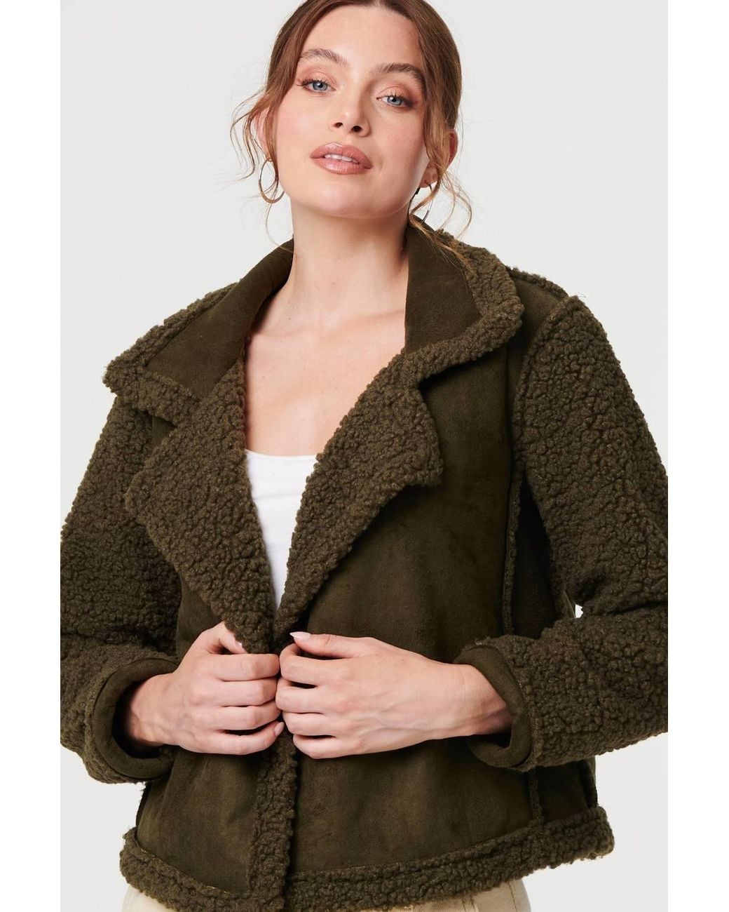 Izabel London Green Faux Suede Teddy Lined Biker Jacket