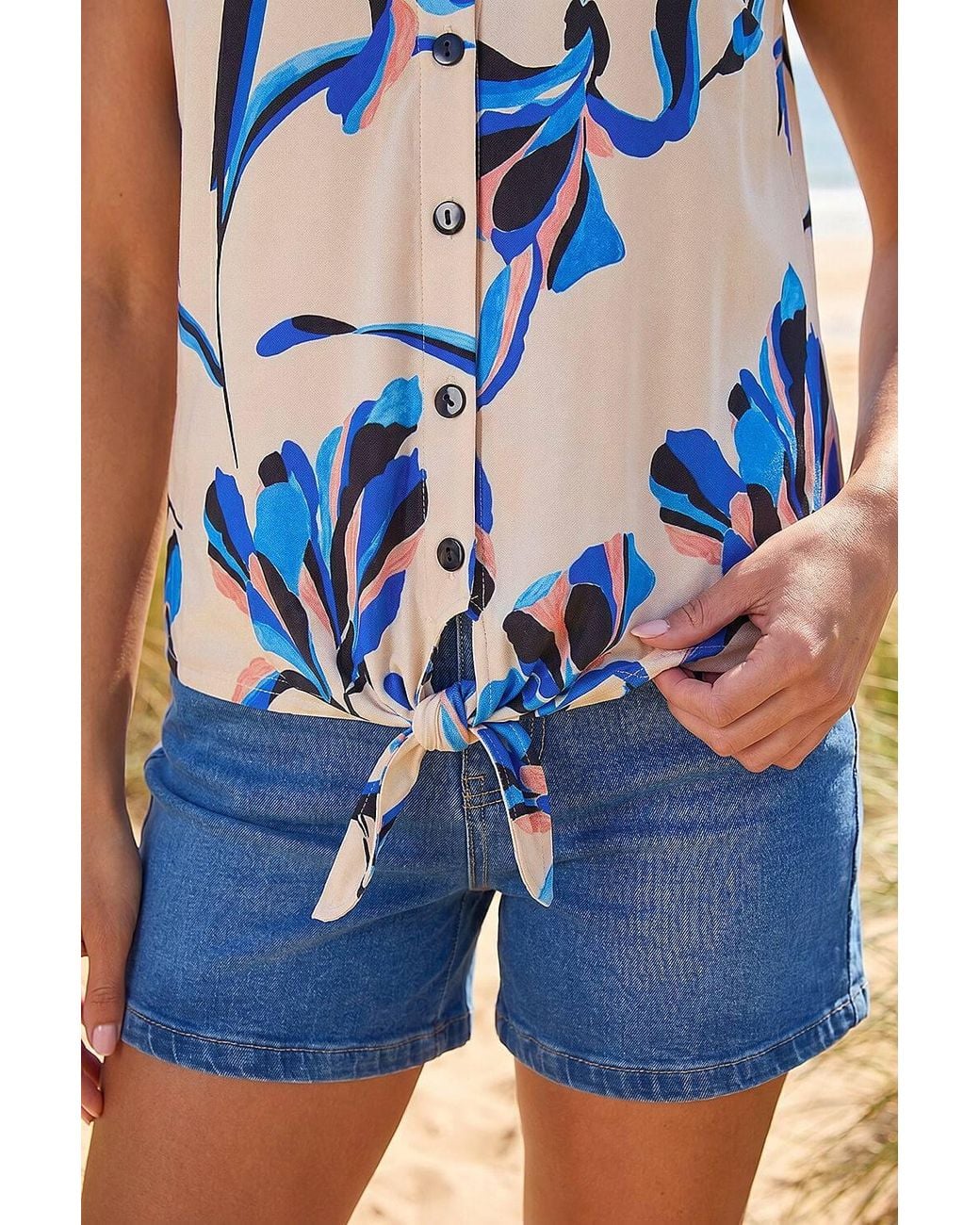 Roman Blue Floral Tie Front Blouse
