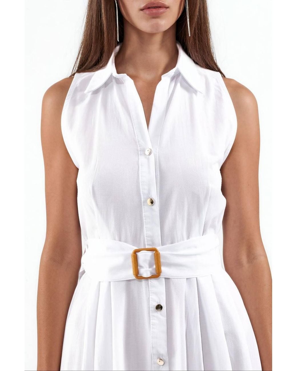 Busem White Belted Sleeveless Poplin Shirt Midi Dress
