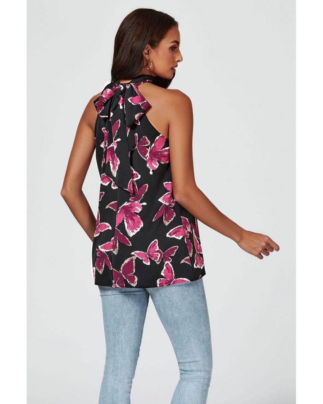 FS Collection Blue Butterfly Print Halter Neck Tie Back Top