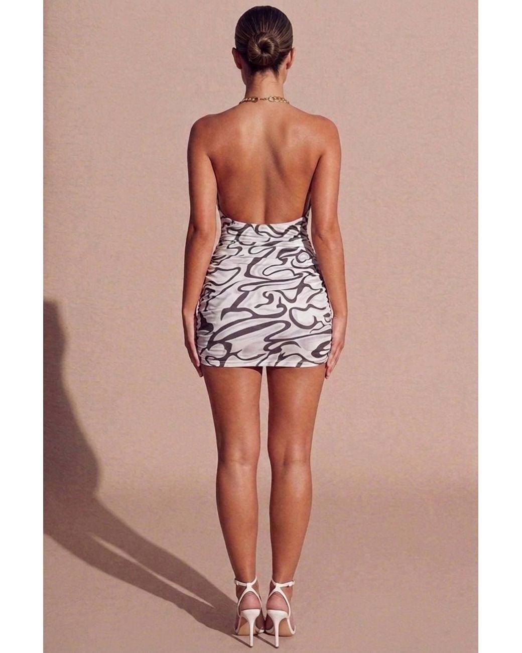 Femme Luxe White Marble Print Chain Halter Neck Crossover Detail Mini Dress