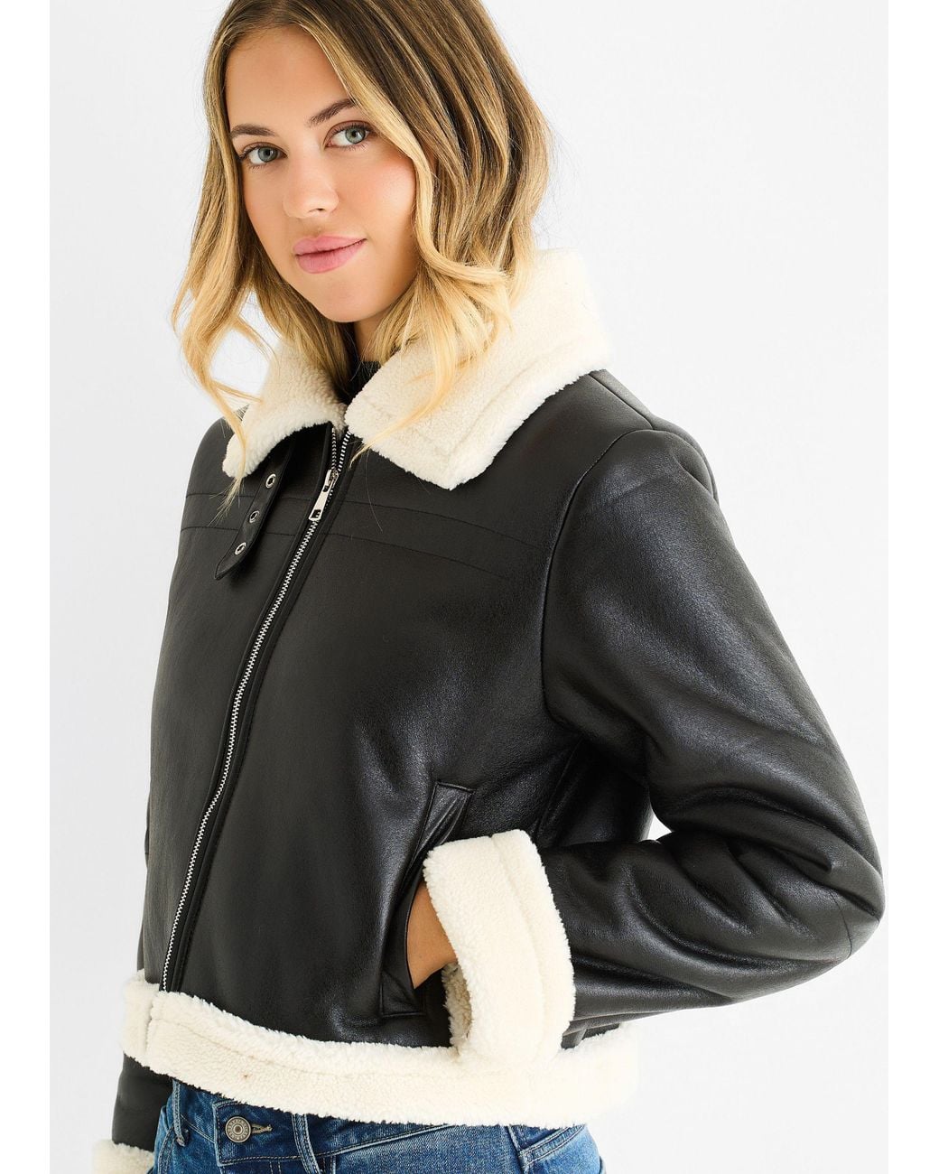 Gini London Blue Faux Leather Shearling Fur Aviator Jacket