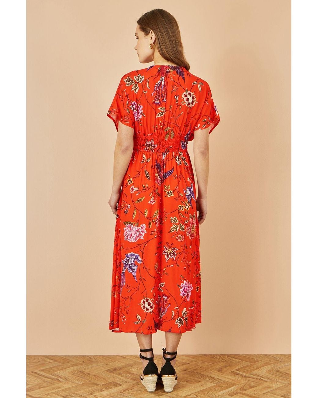 Yumi' Red Viscose Bird & Floral Print Kimono Midi Dress