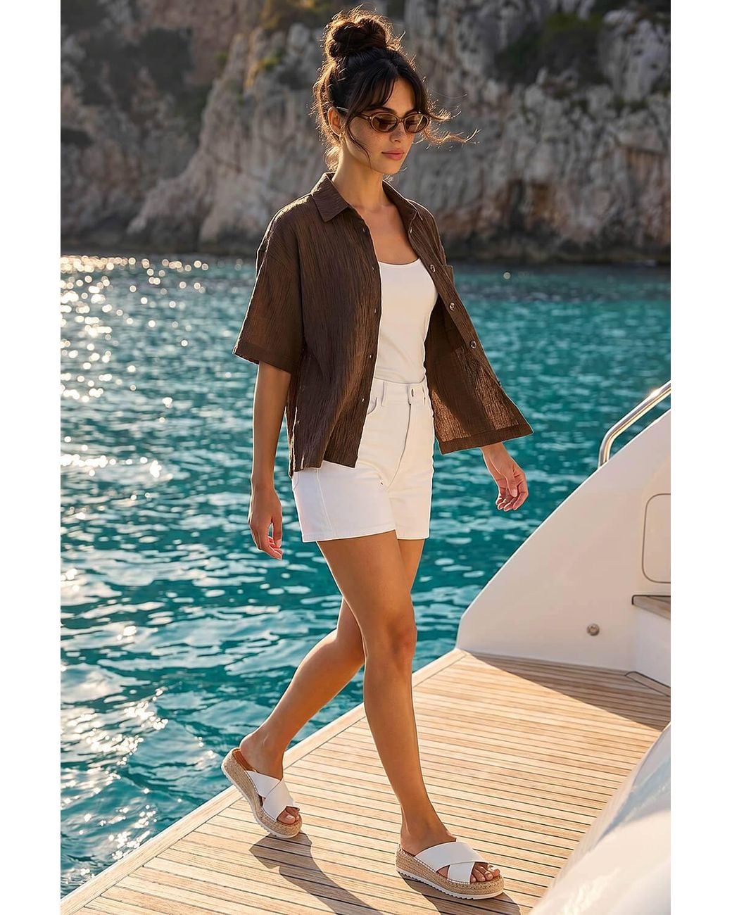 D.u.s.k Brown Textured Buttoned Blouse