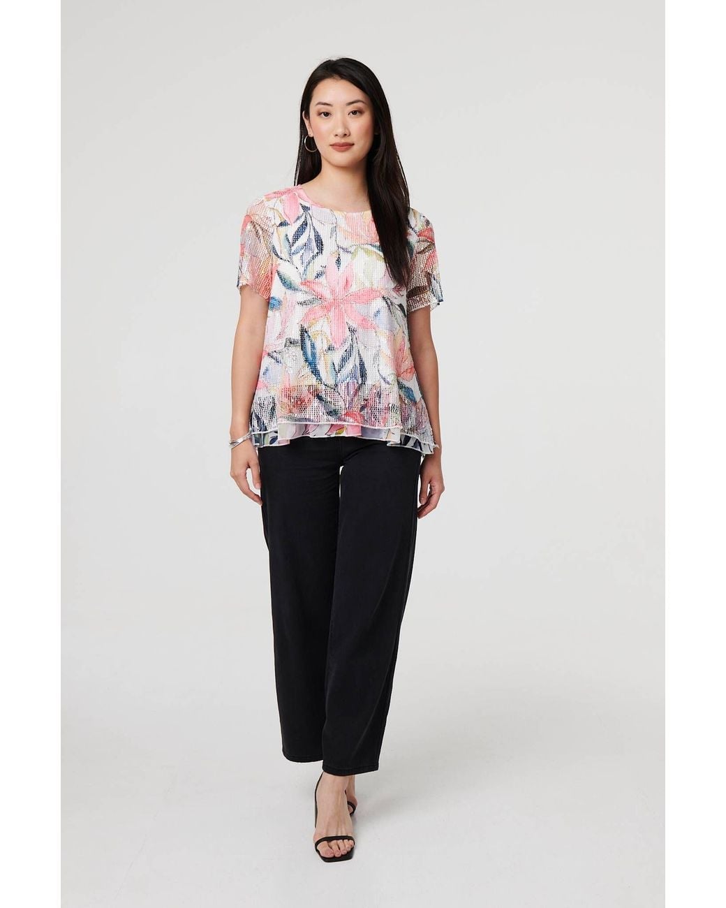 Izabel London White Floral Short Sleeve Mesh Layered Top