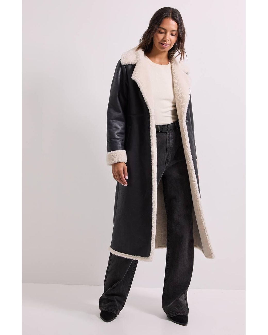 Dorothy Perkins Black Shearling Midi Coat