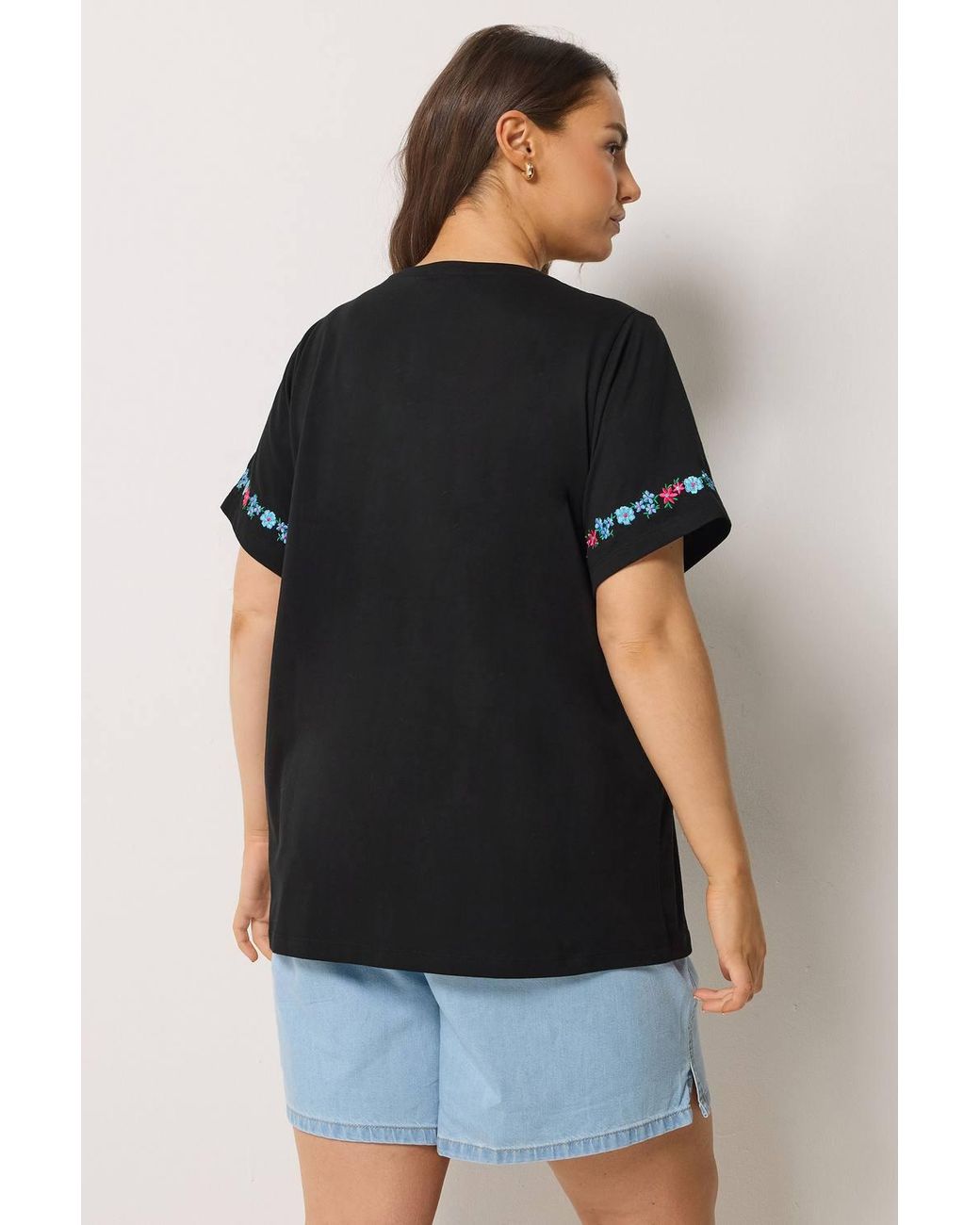 Yours Black Embroidered Floral Sleeve Detail T-Shirt