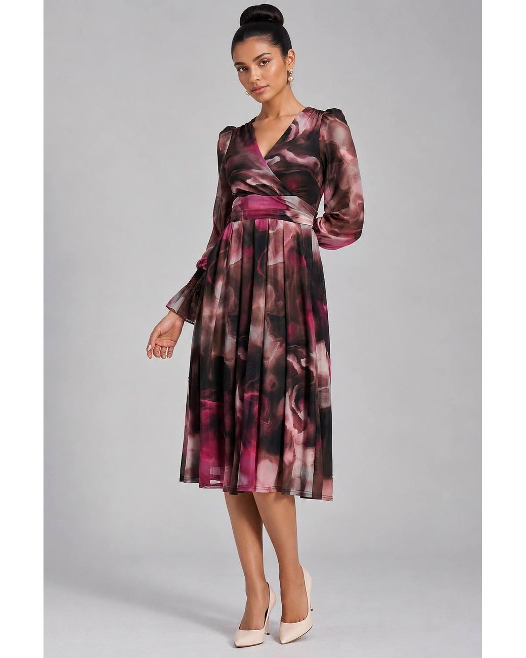 Jolie Moi Red Long Sleeve Printed Mesh Midi Dress