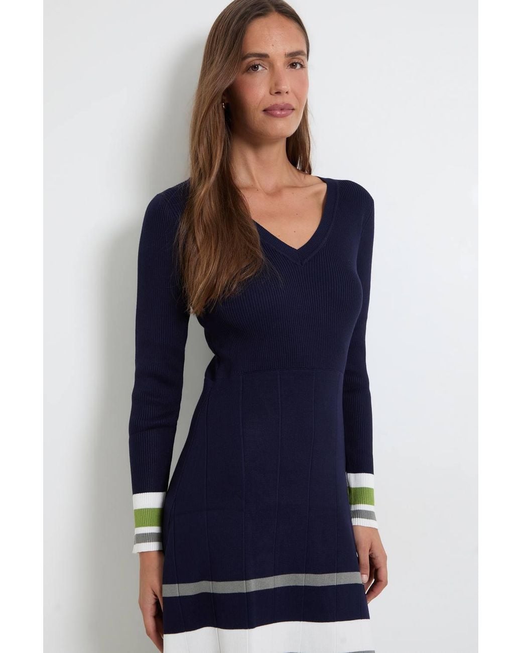 Wallis Blue Stripe Detail V Neck Pleated Skirt Knitted Midi Dress
