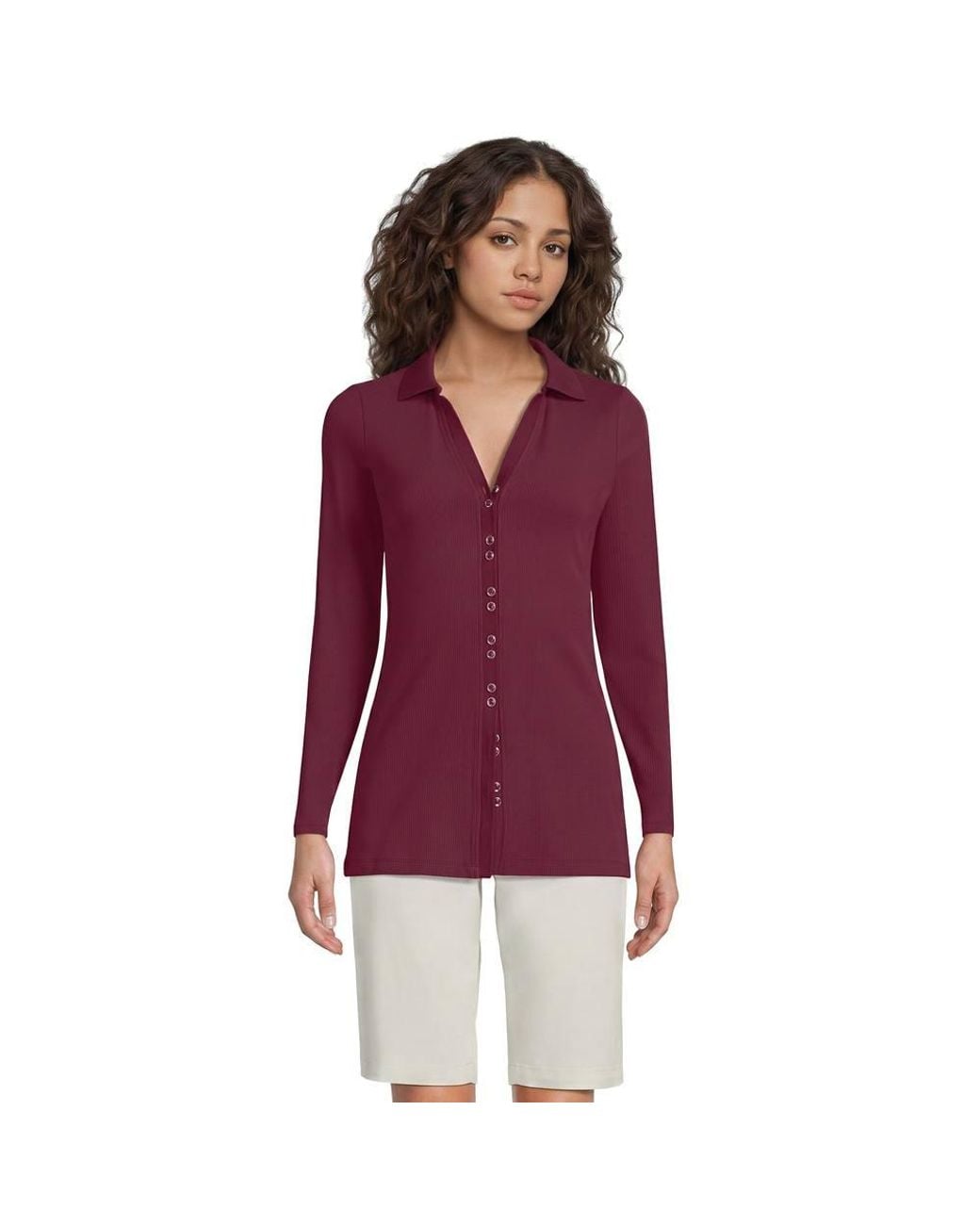 Lands' End Purple Petite Long Sleeve Ribbed Stretch Jersey Tunic Shirt