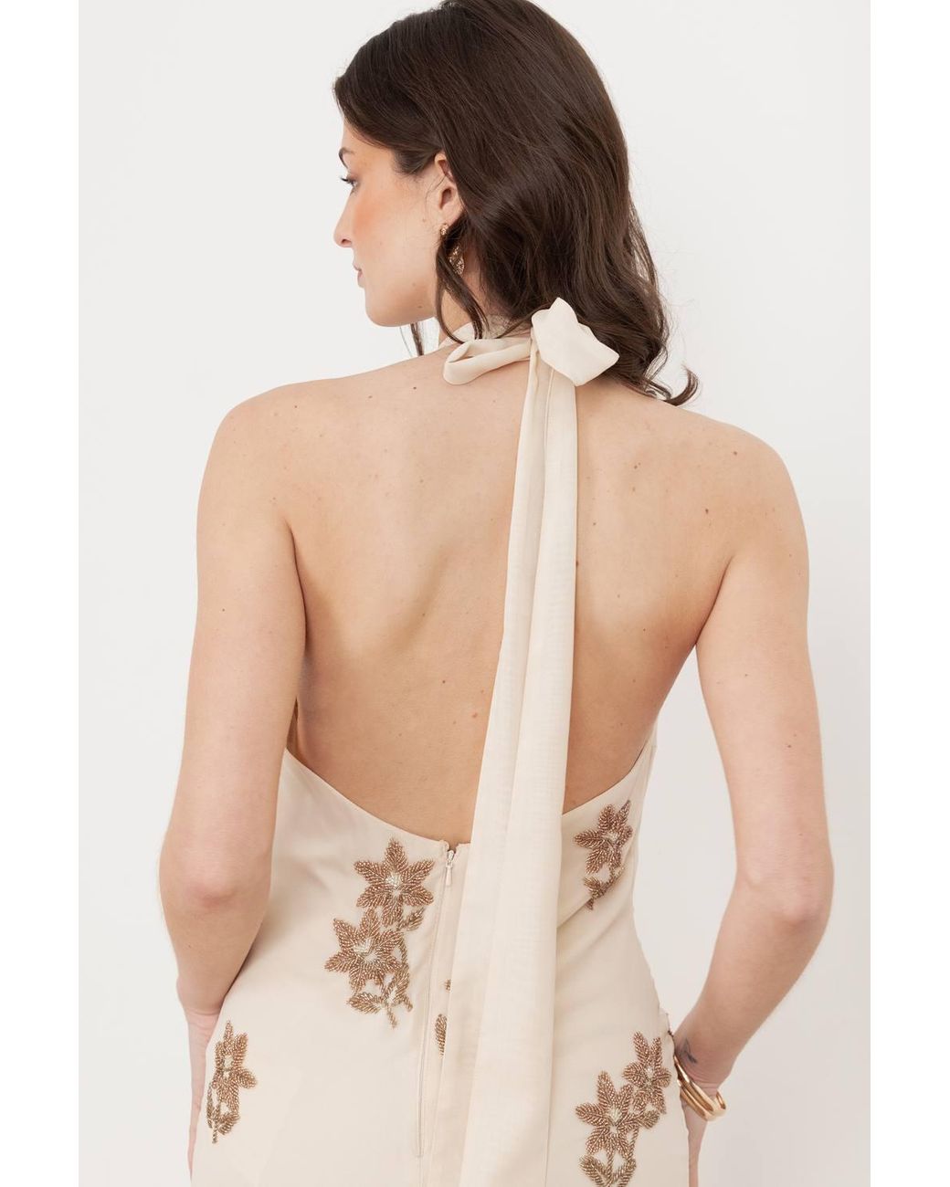 Maya Deluxe Natural Embellished Drop Waist Halter Neck Midaxi Dress