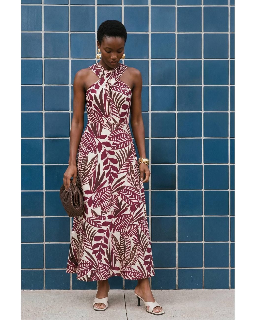 Wallis Blue Palm Print Twist Neck Maxi Dress