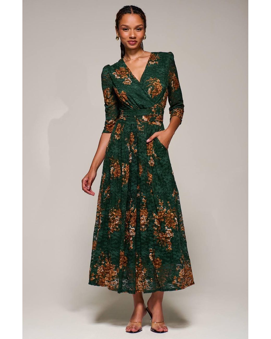 Jolie Moi Green Three Quarter Sleeve Printed Lace Maxi Dress