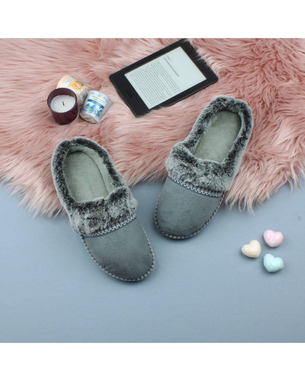 AJVANI Gray Flat Faux Fur Mules Comfort Slippers