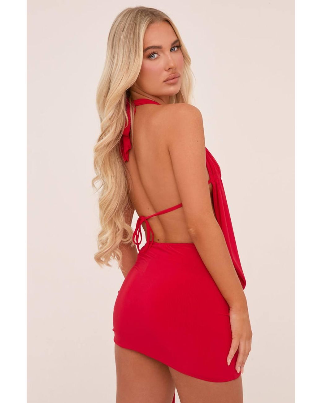 Rebellious Fashion Red Lama Plunge Neck Cowl Detail Top & Mini Skirt Co-Ord Set