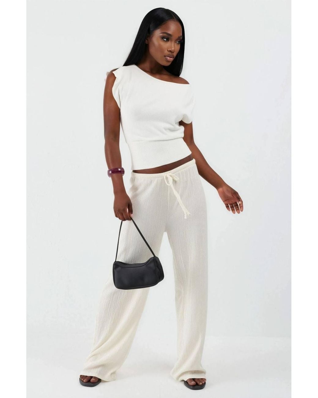 Busem White Boat Neck Ribbed Blouse