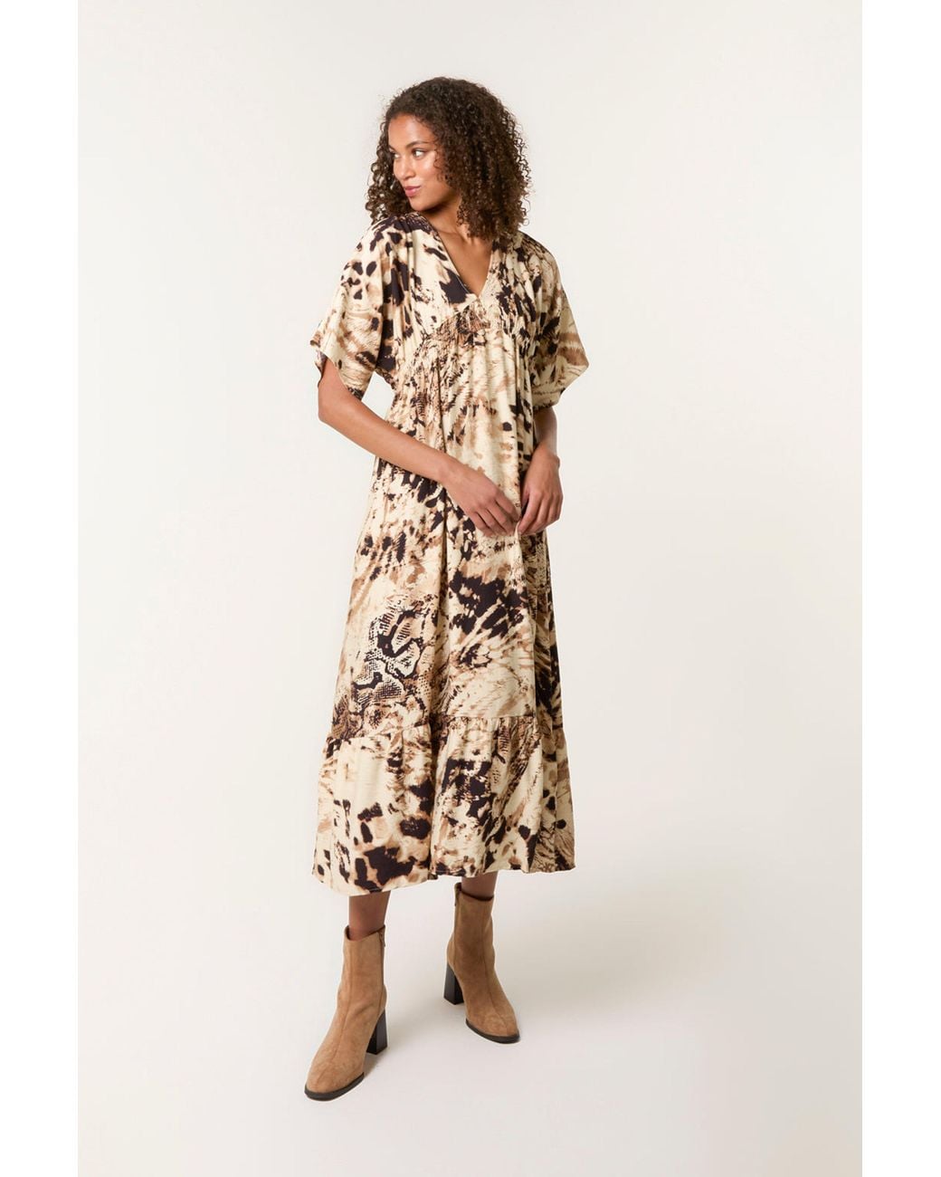Blue Vanilla Natural Shirred Waist Short Sleeve V-Neck Maxi Dress
