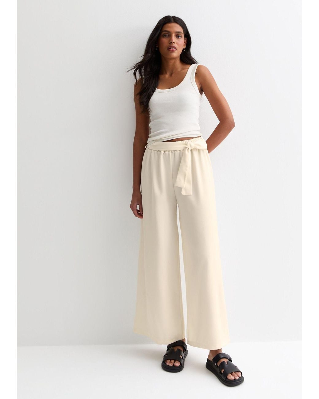 Gini London Natural Elasticated Wide Leg Tie Detail Trousers