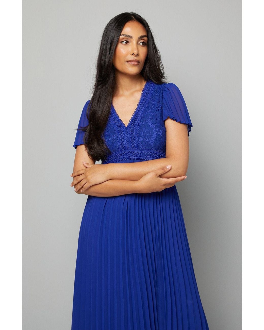 Wallis Blue Petite Lace Pleated Skirt Midi Dress