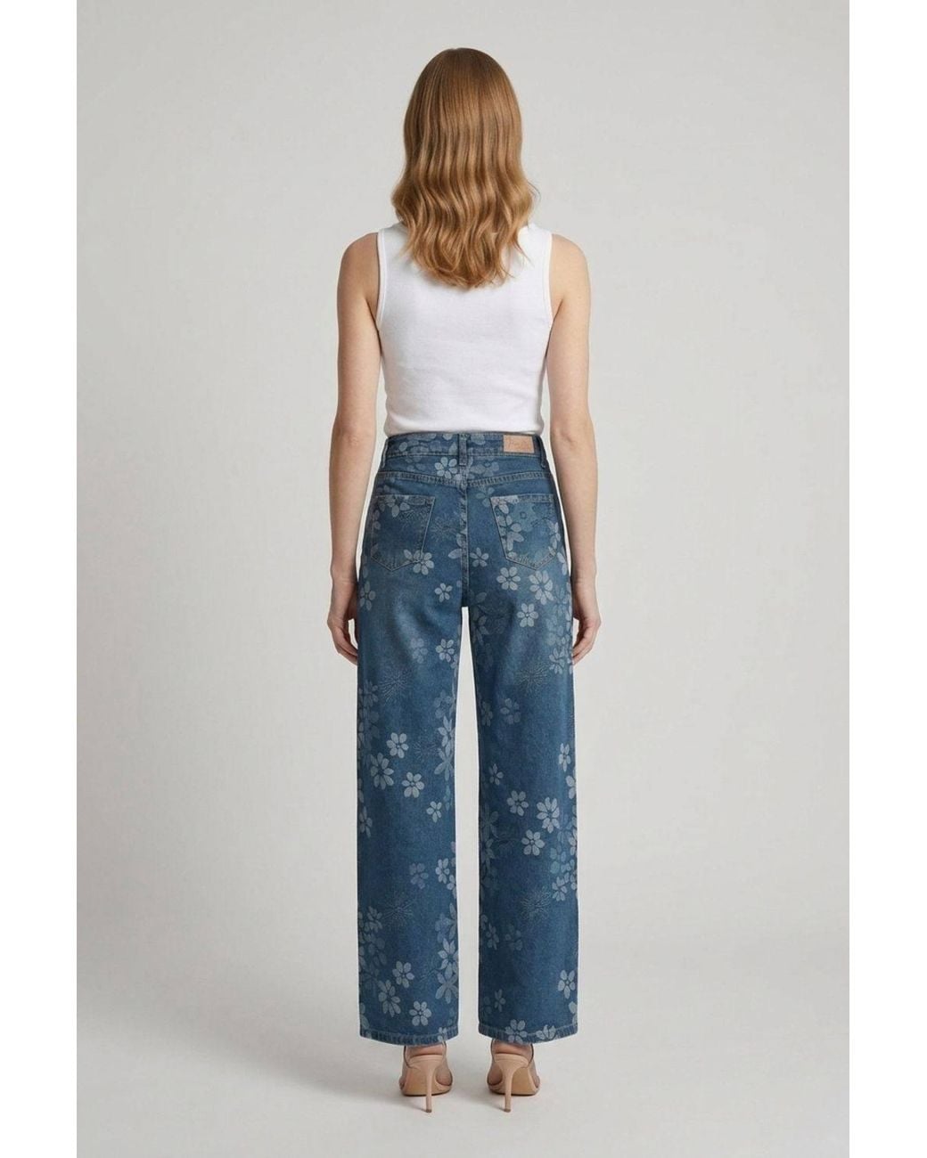 Izabel London Blue Floral High Waist Wide Leg Jeans
