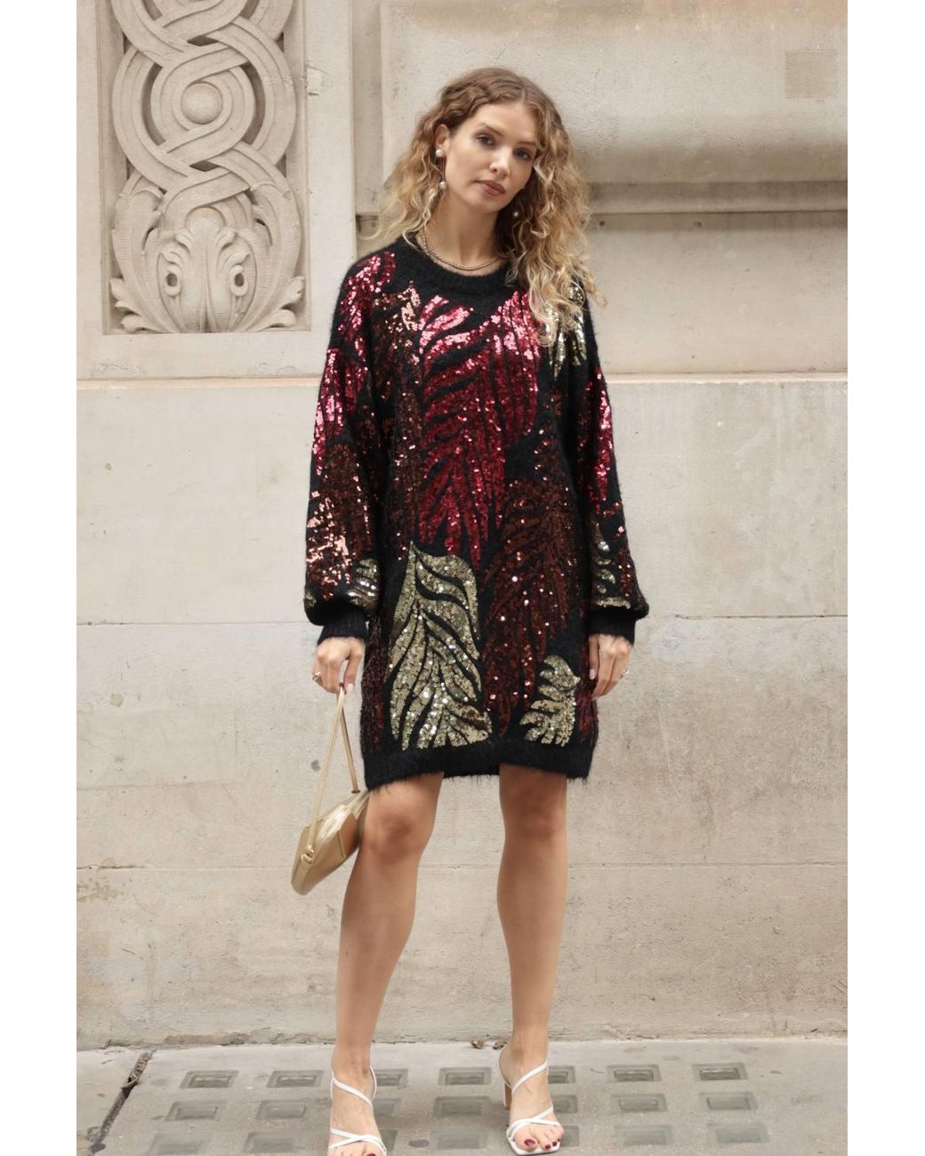 CY Black Leave's Pattern Sequin Jumper Dress
