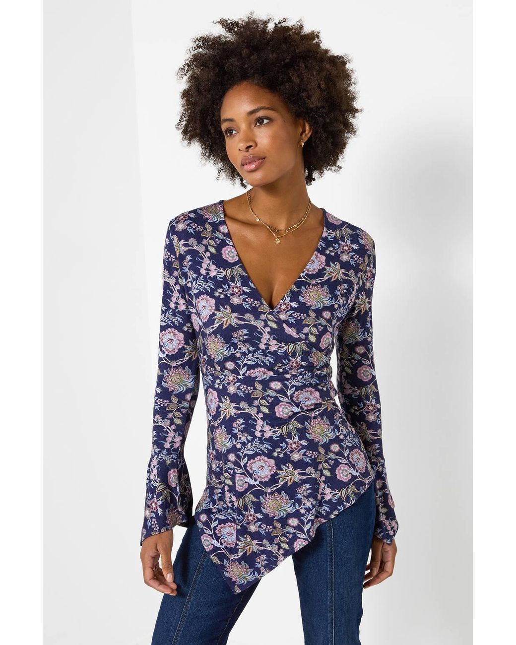Joe Browns Blue Floral Jersey Wrap Top With Flute Sleeve