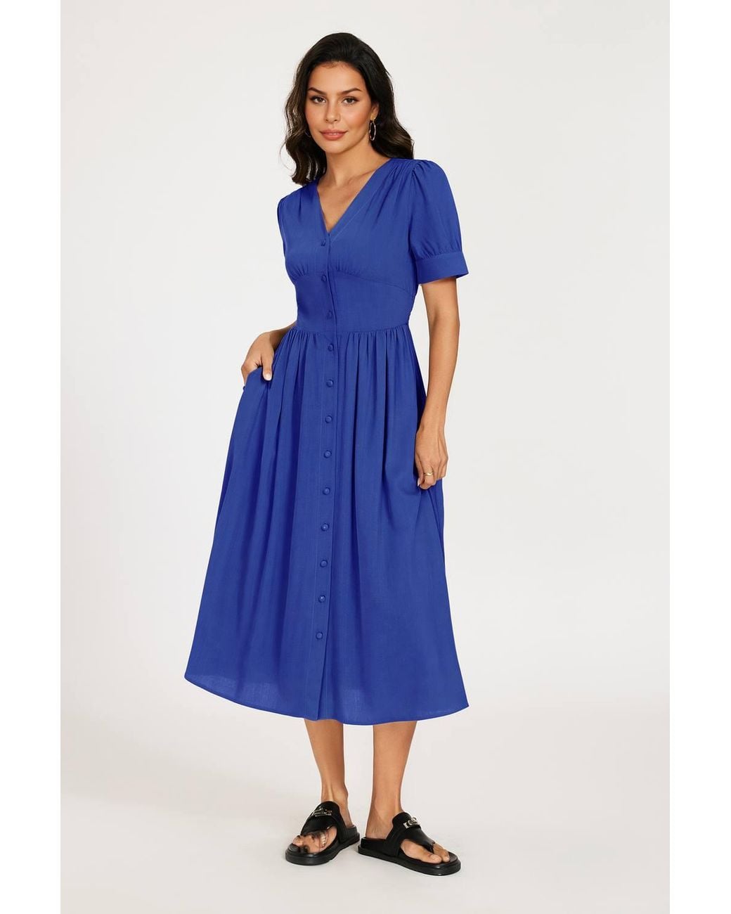 FS Collection Blue Puff Sleeve Button-Front Midi Dress