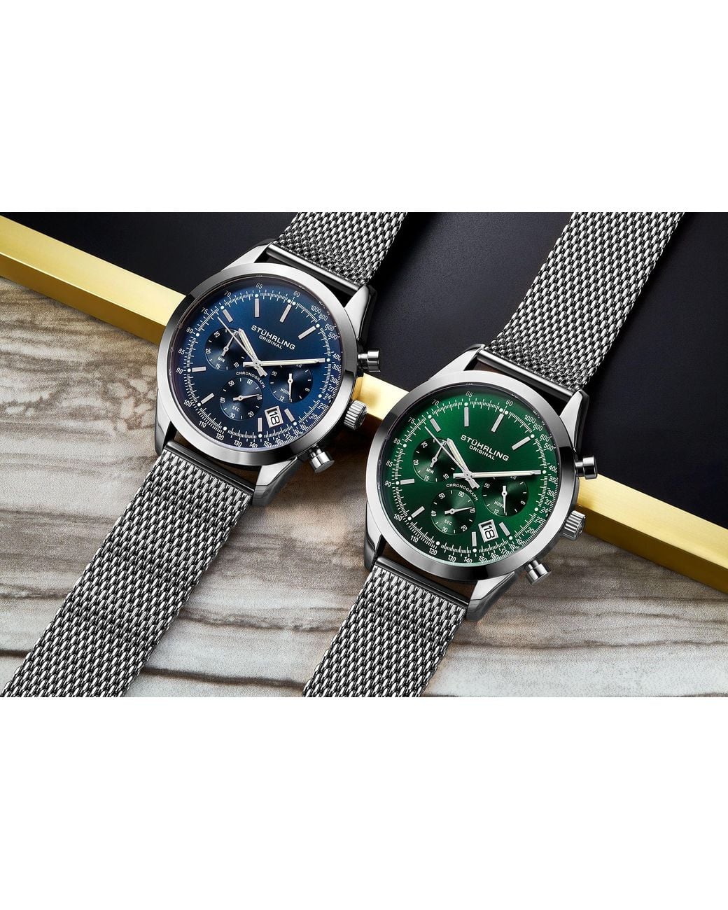 Stuhrling Green Rialto Chronograph Watch Quartz With Tachymeter 44Mm Case Mesh Bracelet for men