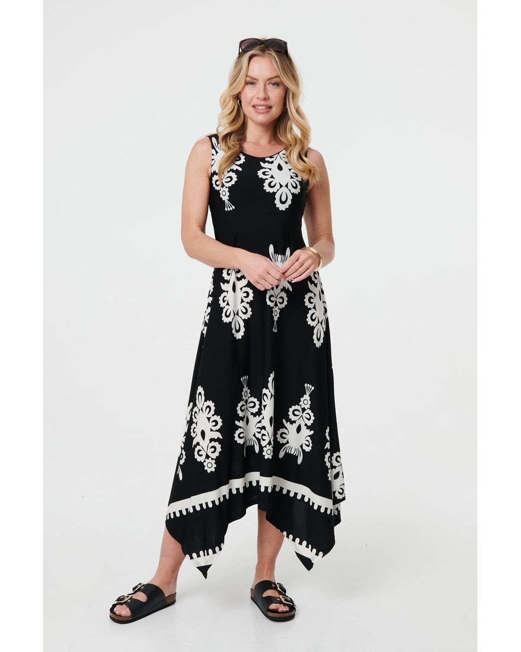 Izabel London White Ikat Print Sleeveless A-Line Midi Dress