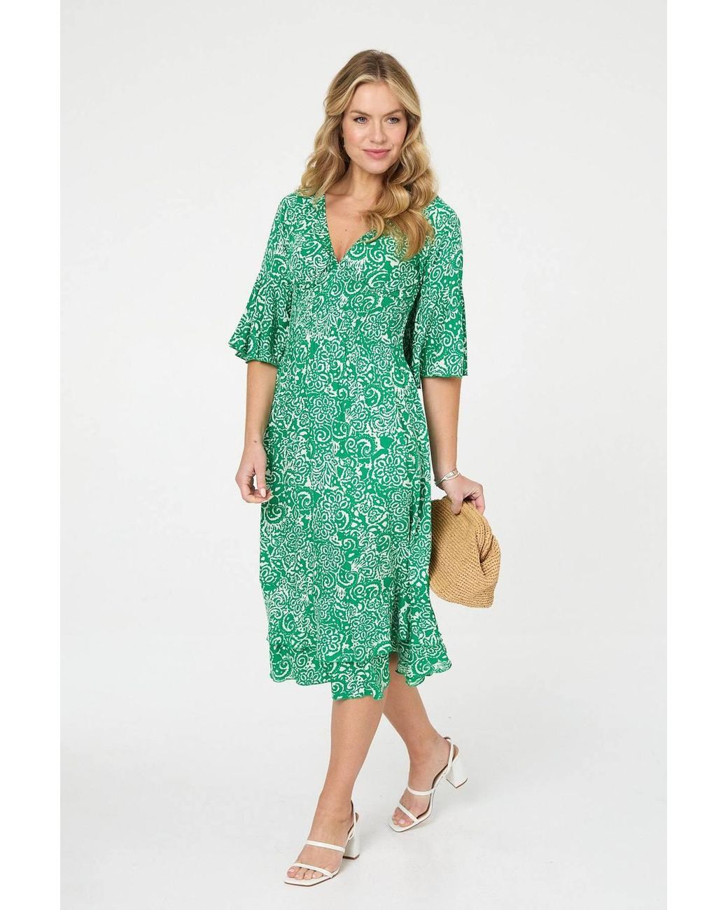Izabel London Green Printed 3/4 Sleeve Layered Midi Dress
