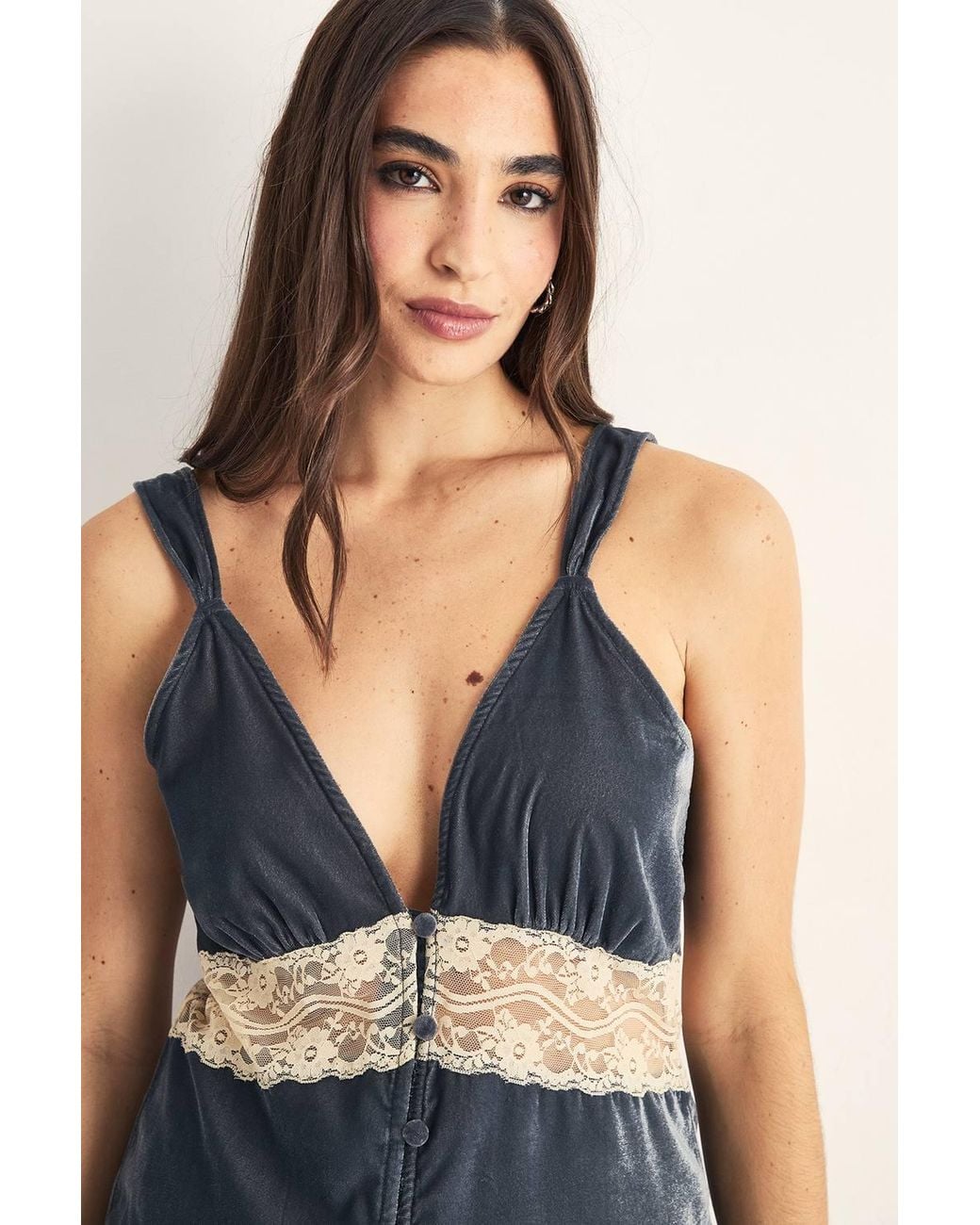 Nasty Gal Blue Velvet Lace Insert Button Detail Cami Top