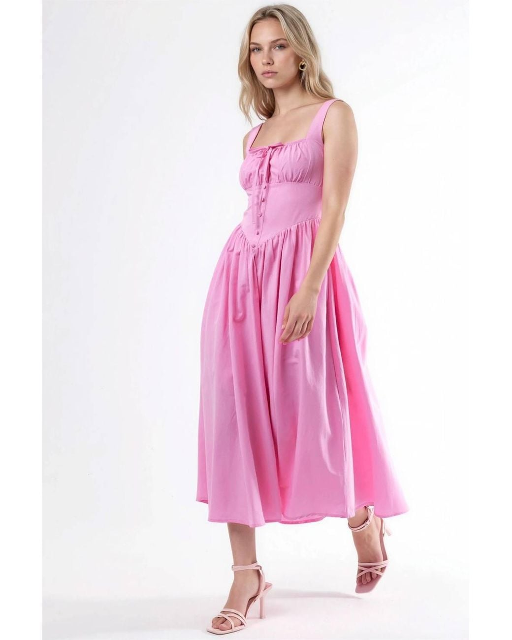 Busem Pink Midi Dress With Square Collar & Button Detail