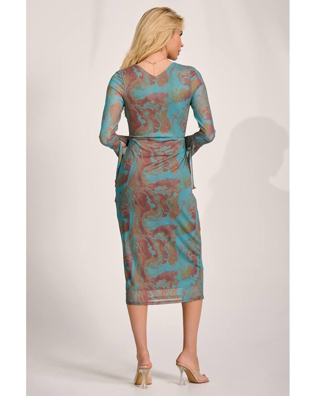 Jolie Moi Blue Long Sleeve Mesh Bodycon Dress