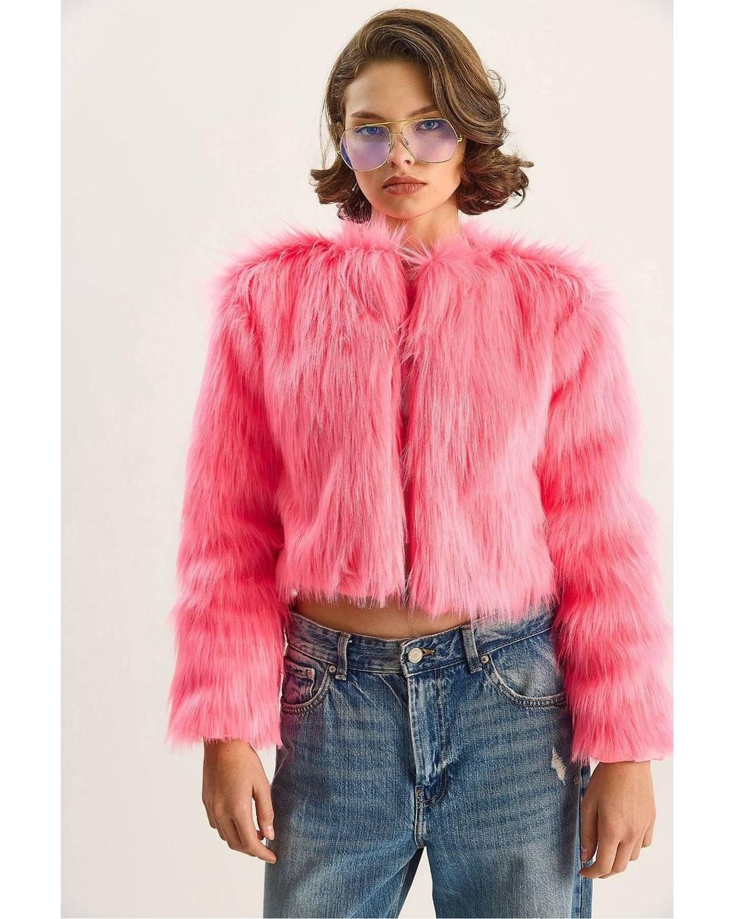Bianco Lucci Red Boxy Crop Faux Fur Coat