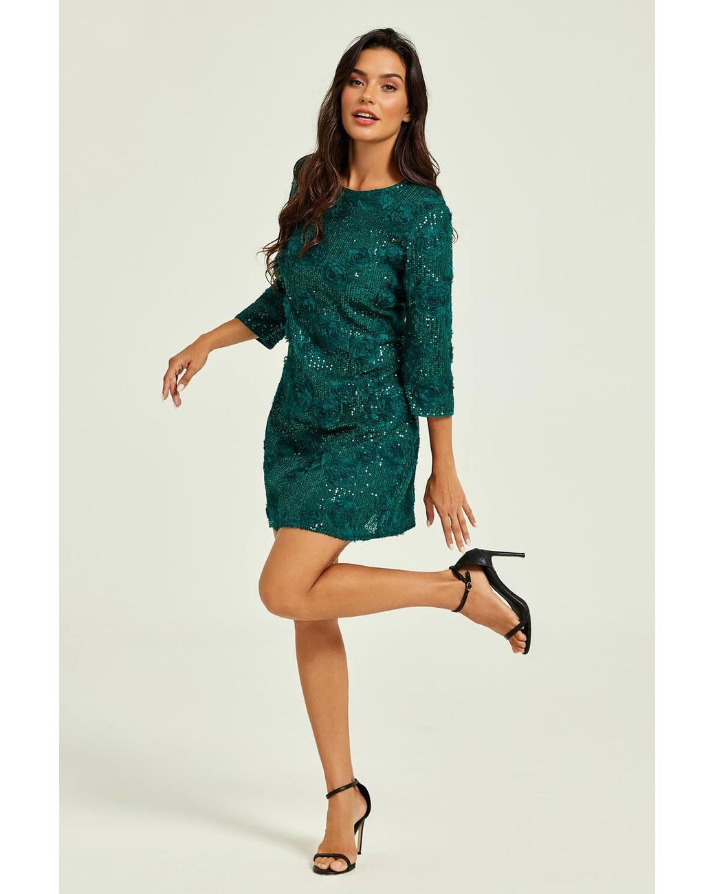 FS Collection Green Floral Sequin 3/4 Sleeve Mini Dress