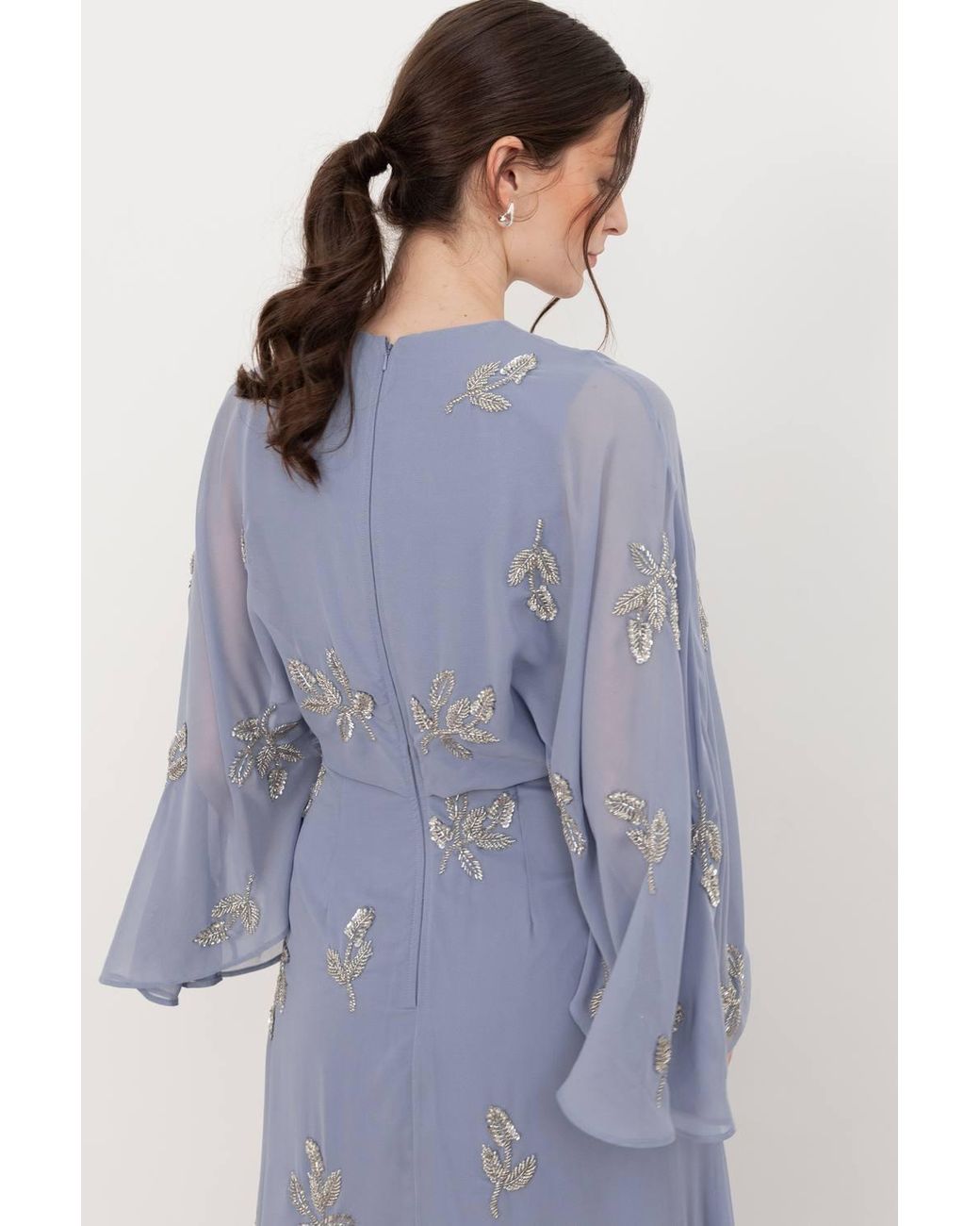 Maya Deluxe Blue Floral Embellished Cape Sleeve Maxi Dress