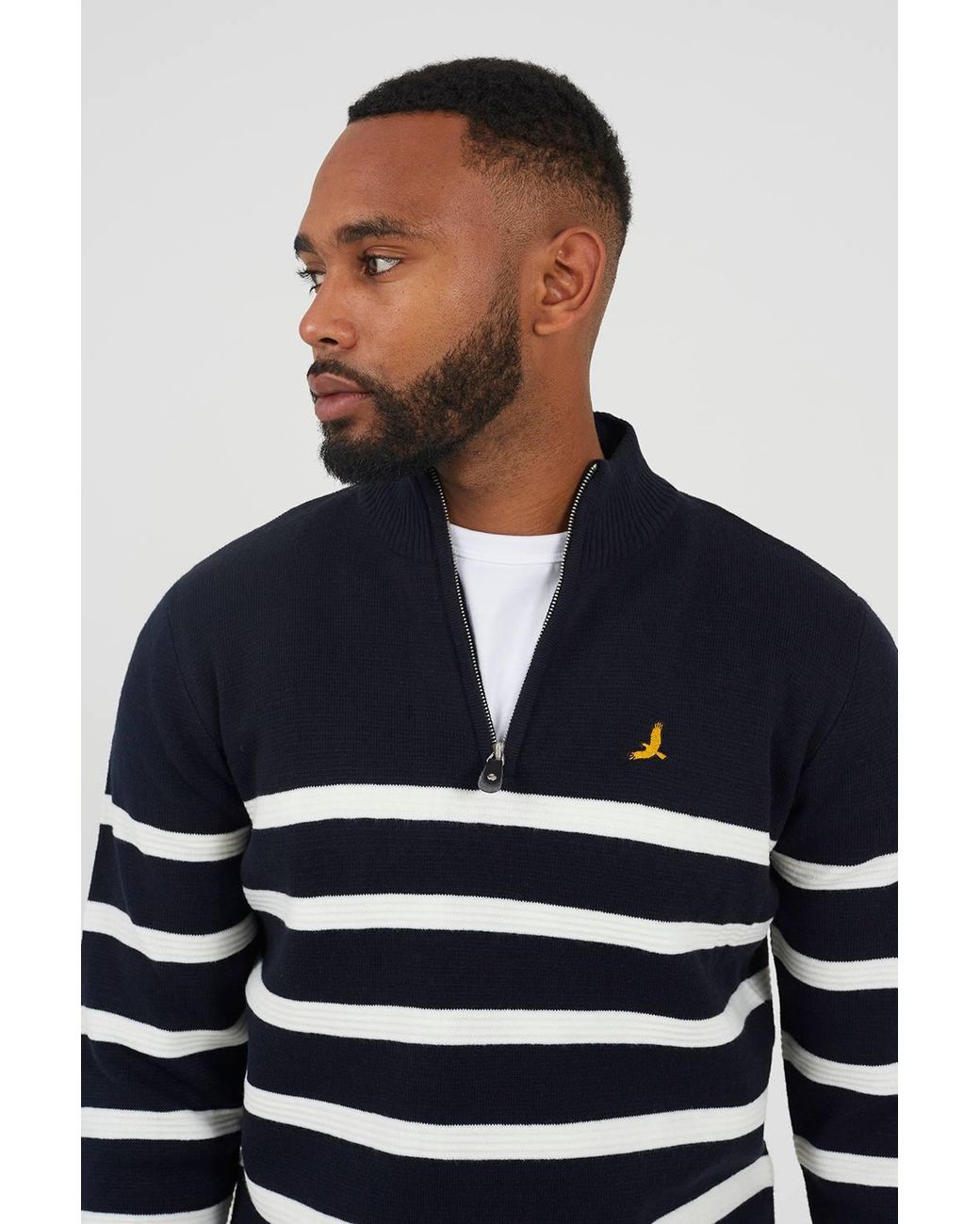 Brave Soul Blue Quarter Zip Stripe Knitted Jumper for men