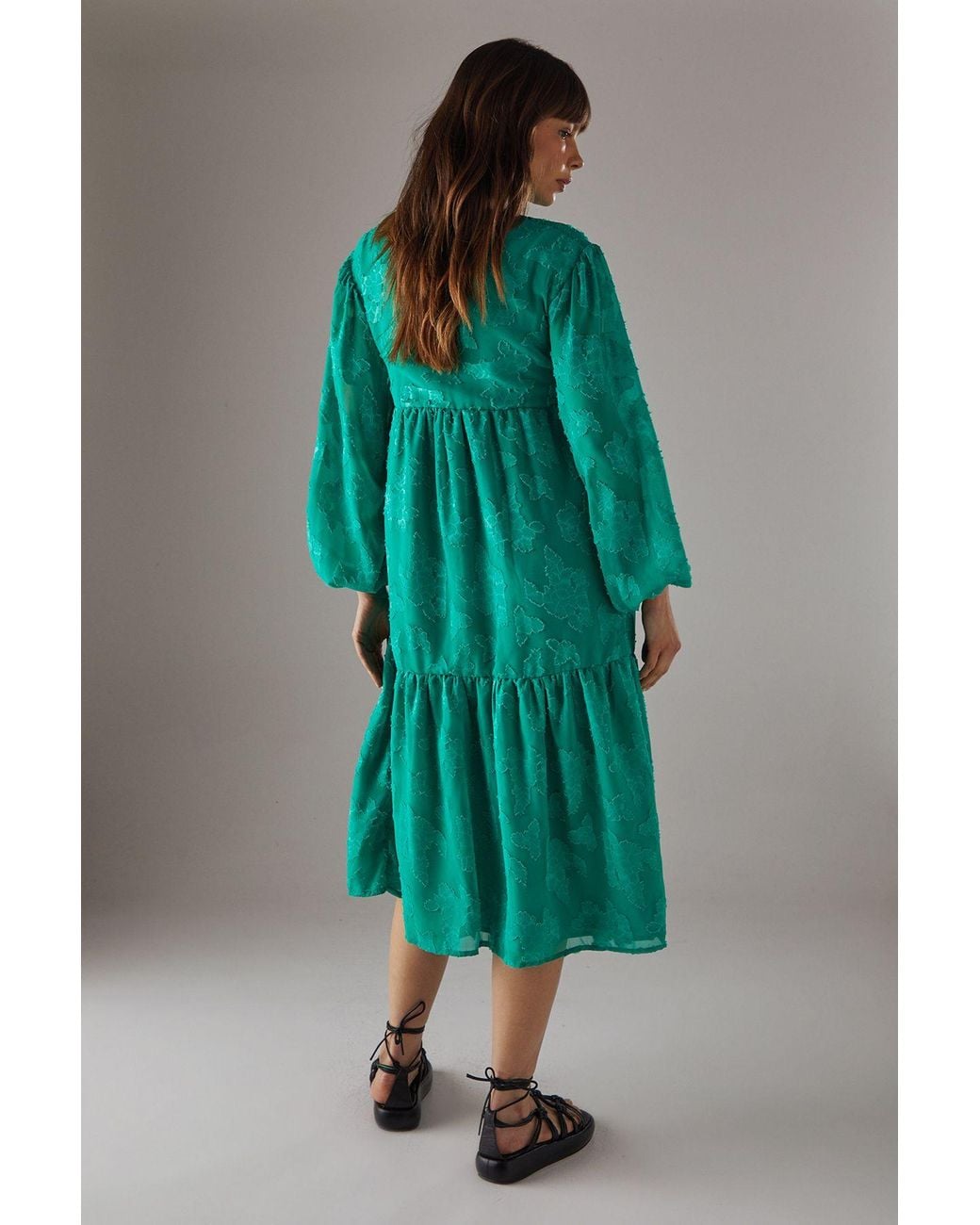 Warehouse Green Burnout Chiffon Wrap Smock Midi Dress
